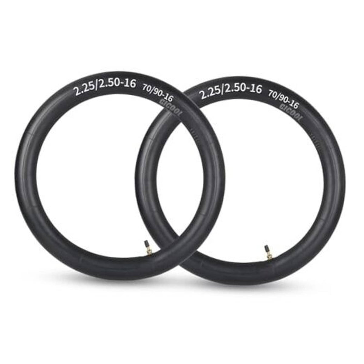 Pair of black dirt bike inner tubes with TR4 valve stems, 2.25/2.50-16 and 70/90-16