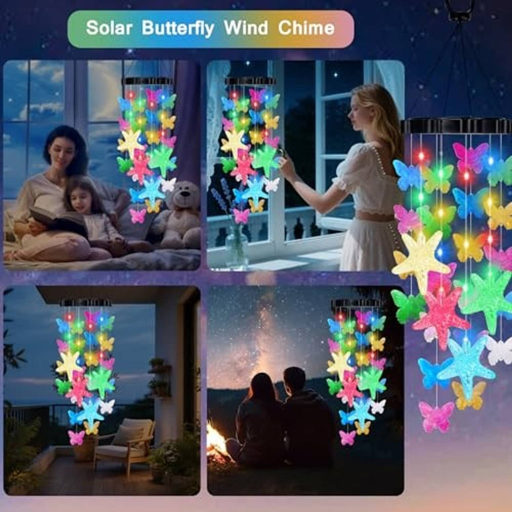 Solar butterfly wind chime with multicolor butterfly and starfish lights in evening views