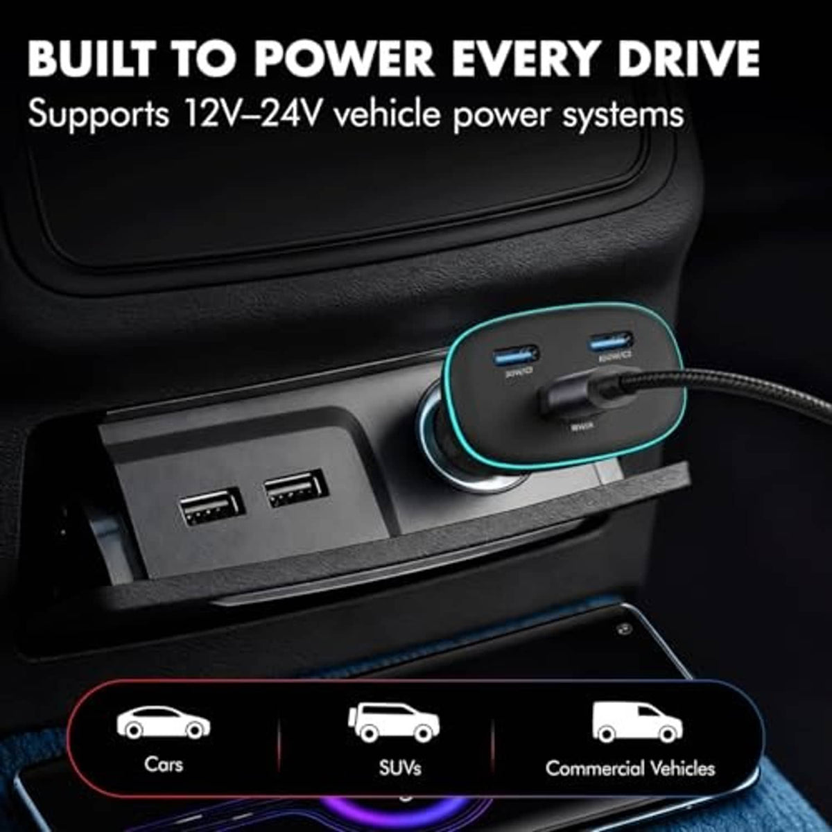 Car charger installed in a vehicle console with USB ports and blue accent ring