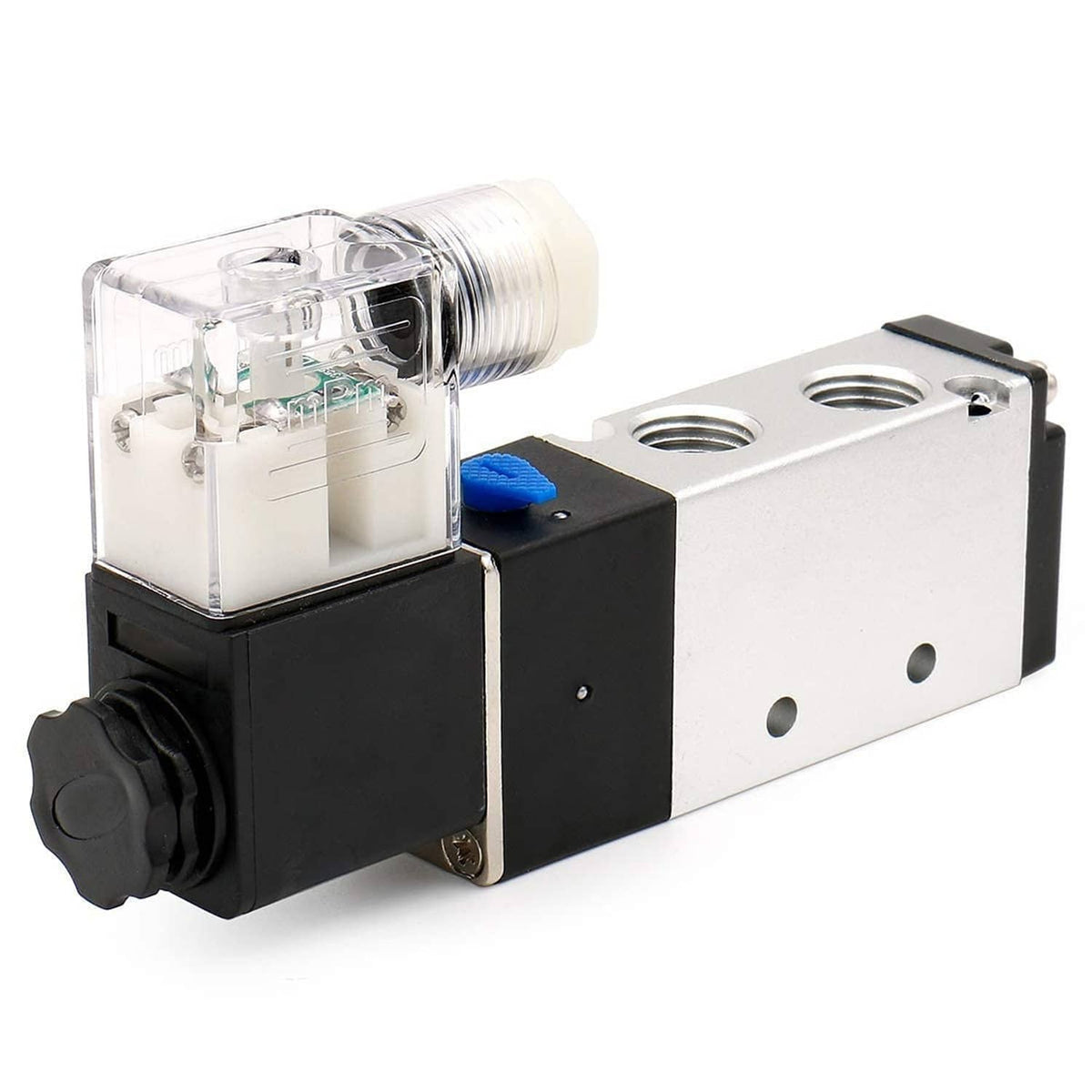 Pneumatic solenoid air valve with transparent coil cap and metal manifold with port openings