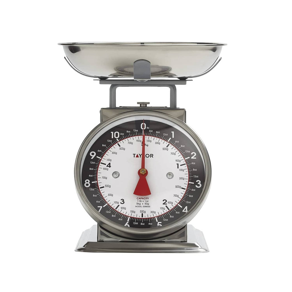 Black and silver mechanical food scale with bowl and large capacity dial
