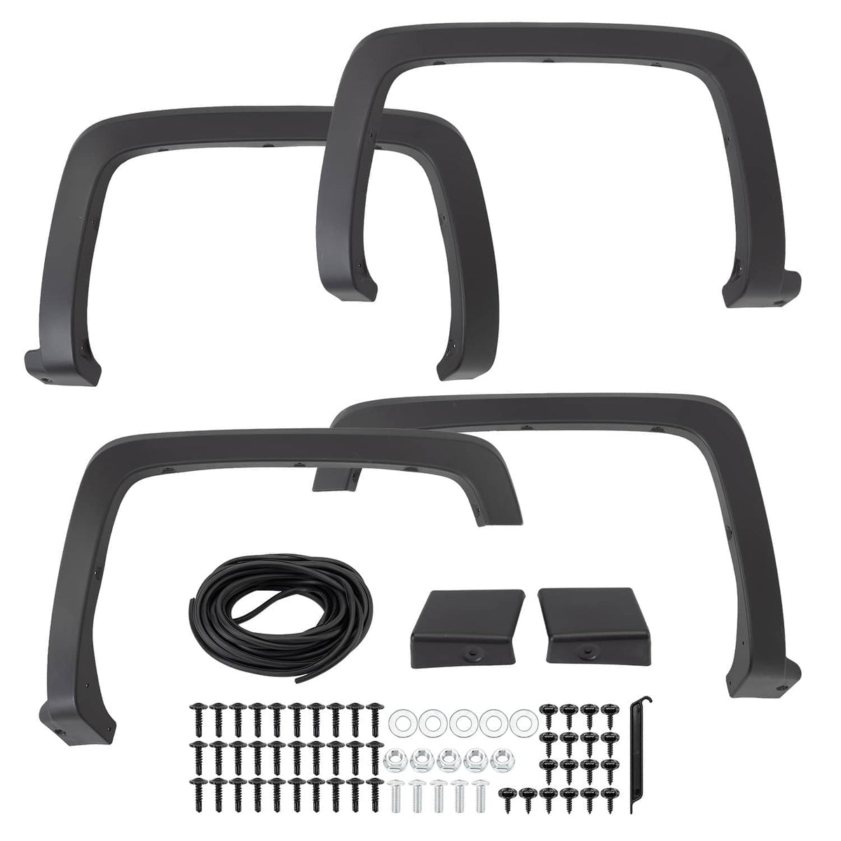 Black front and rear fender flares with coiled wire, brackets, and screw hardware kit