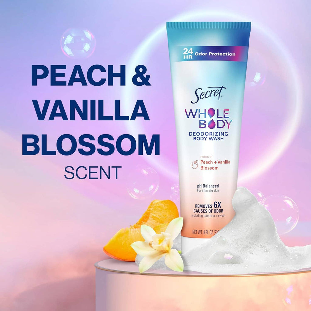 Secret Whole Body deodorizing body wash tube, peach & vanilla blossom scent