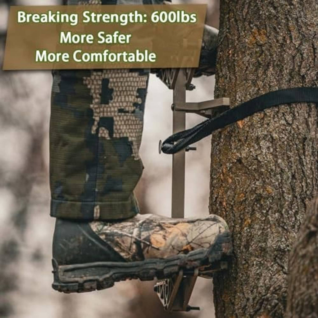 Black nylon tree strap with buckle fastening around a tree-stand setup