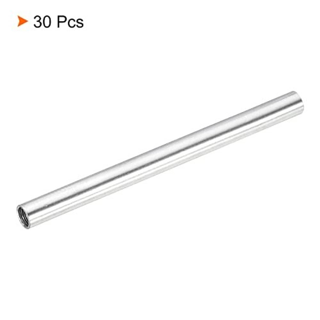 Round steel threaded coupling sleeve with M4x0.7 female thread, 60mm length.