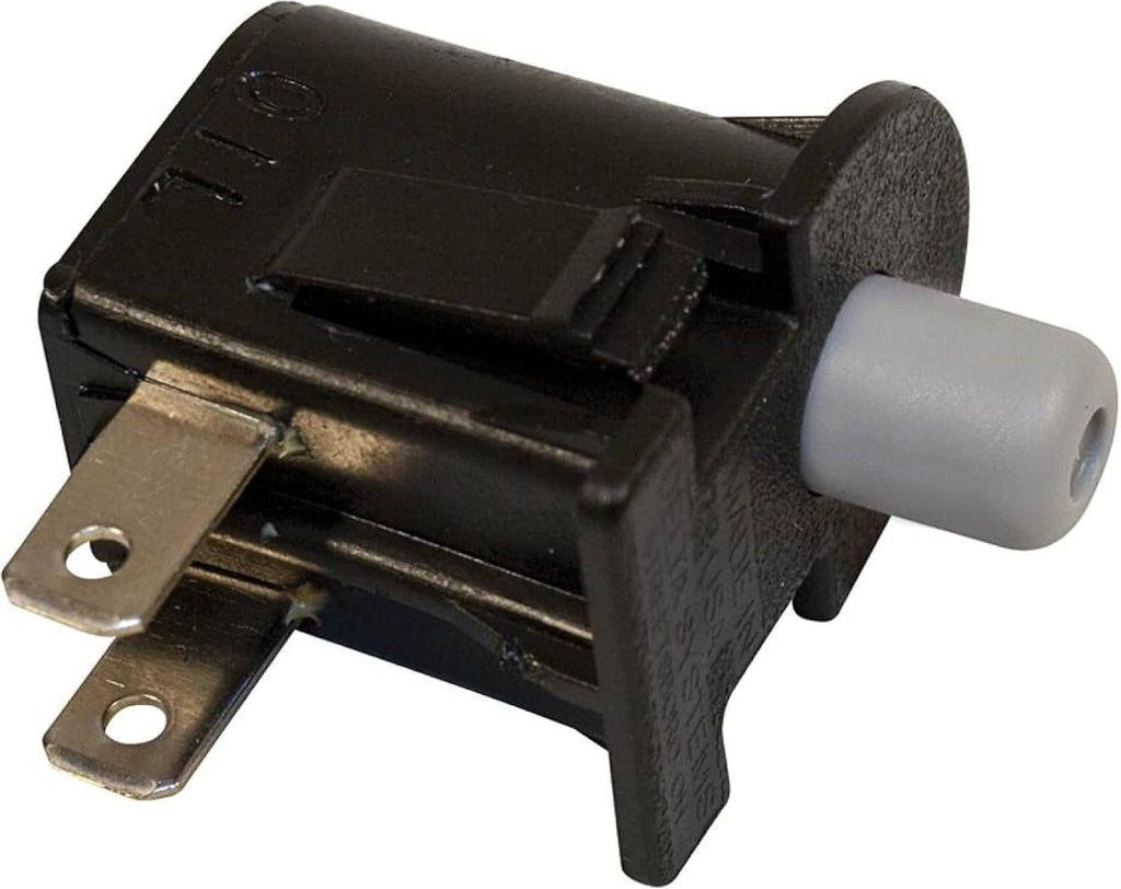 Seat switch with gray actuator button and black housing with two metal tabs