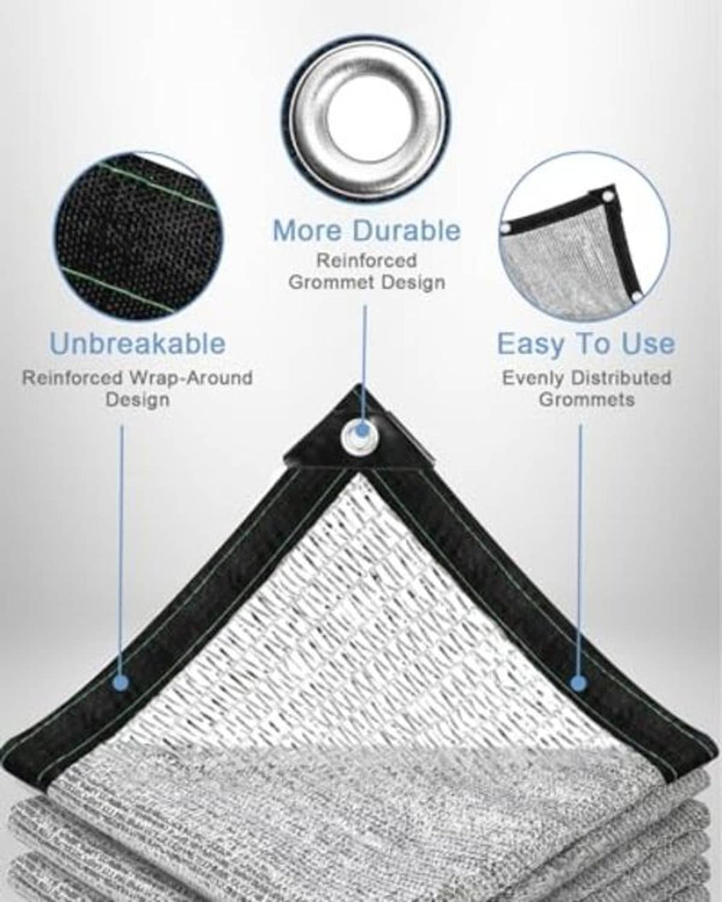 Corner of reflective shade cloth with black reinforced hem and metal grommet eyelet