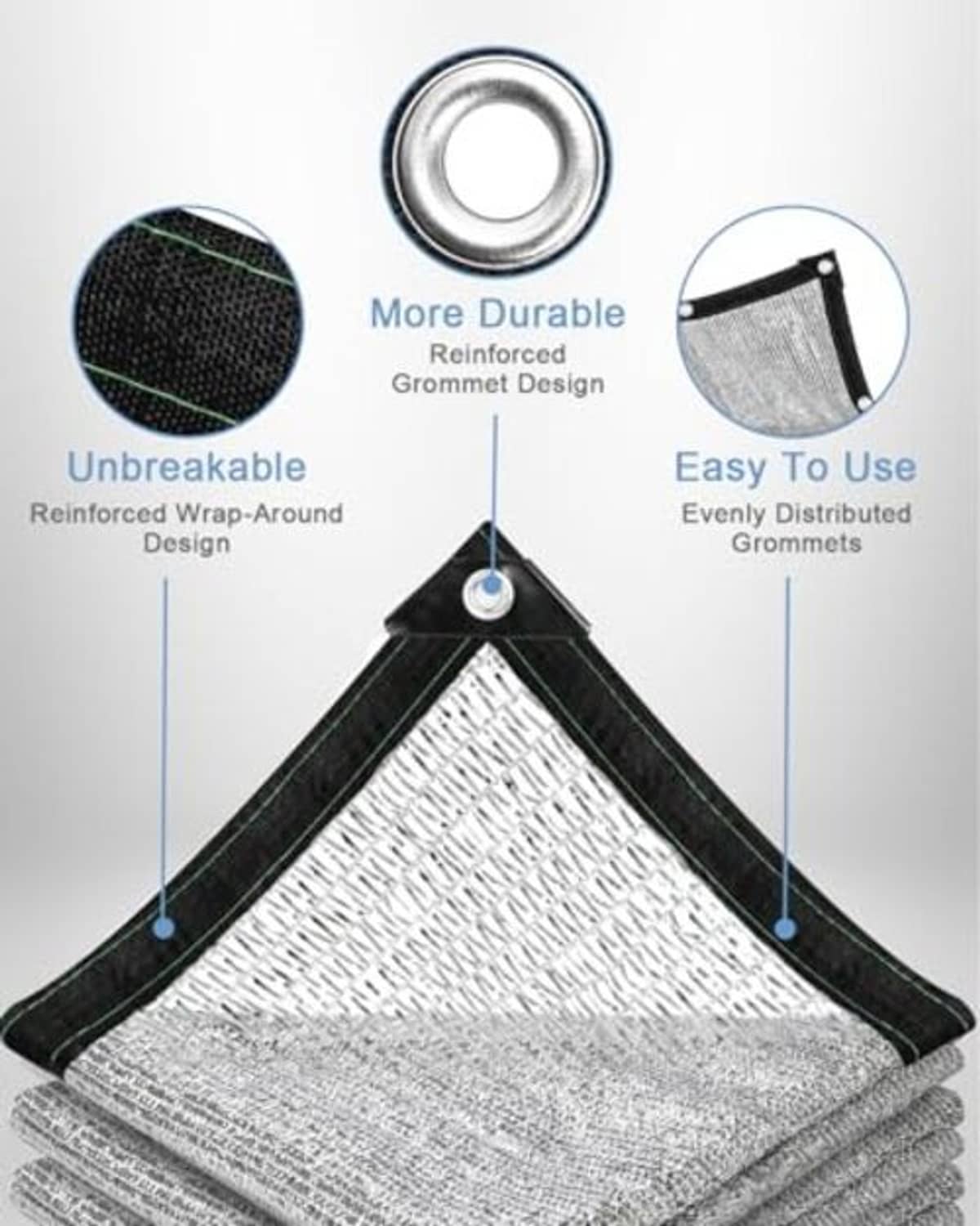Corner of reflective shade cloth with black reinforced hem and metal grommet eyelet