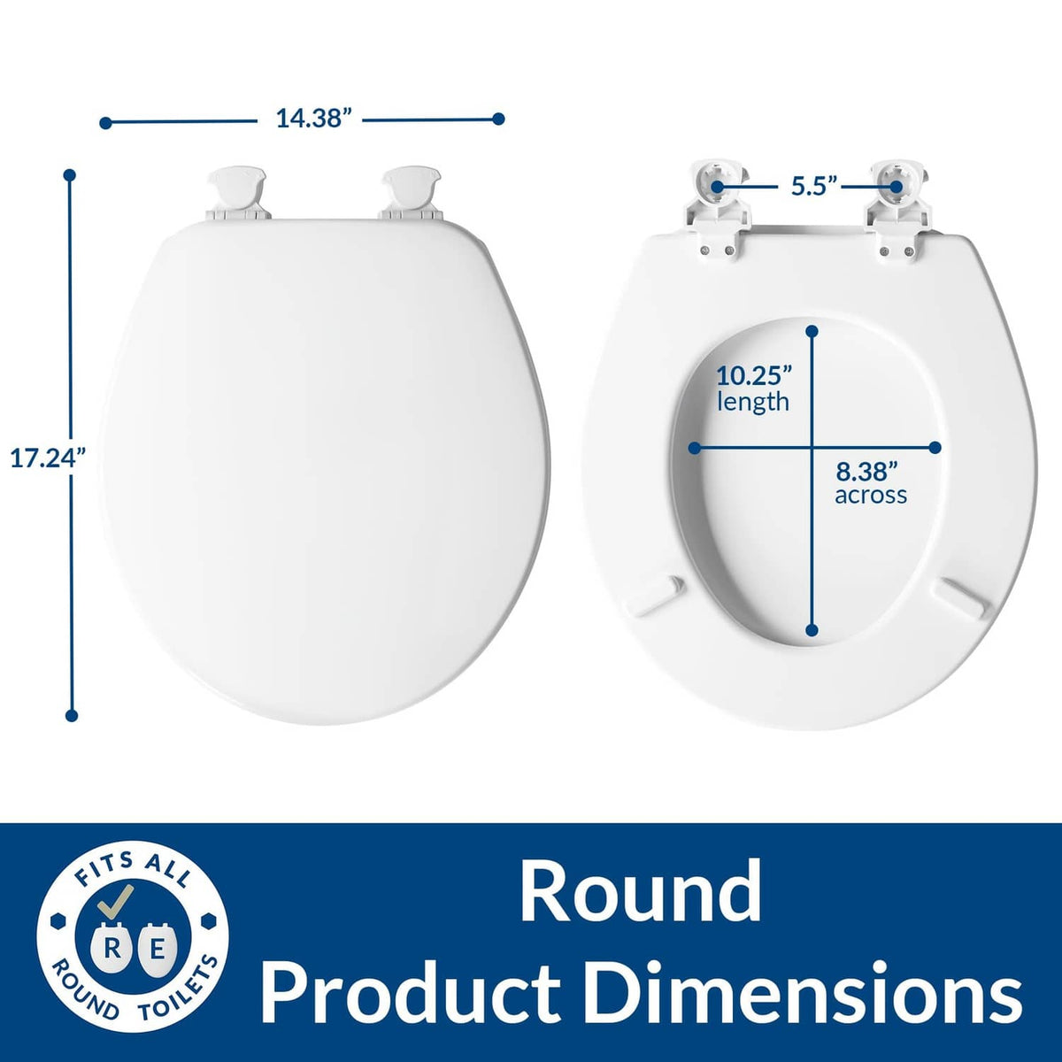 Round white toilet seat shown with product dimensions and length markings
