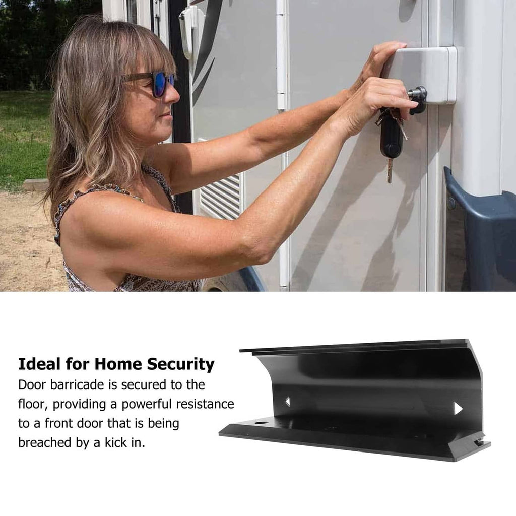 Black door lock barricade brace being secured to a door near the handle