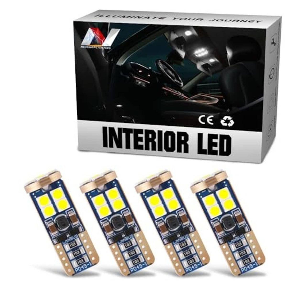 4-pack LED interior dome light bulbs kit, four bulbs shown next to retail box