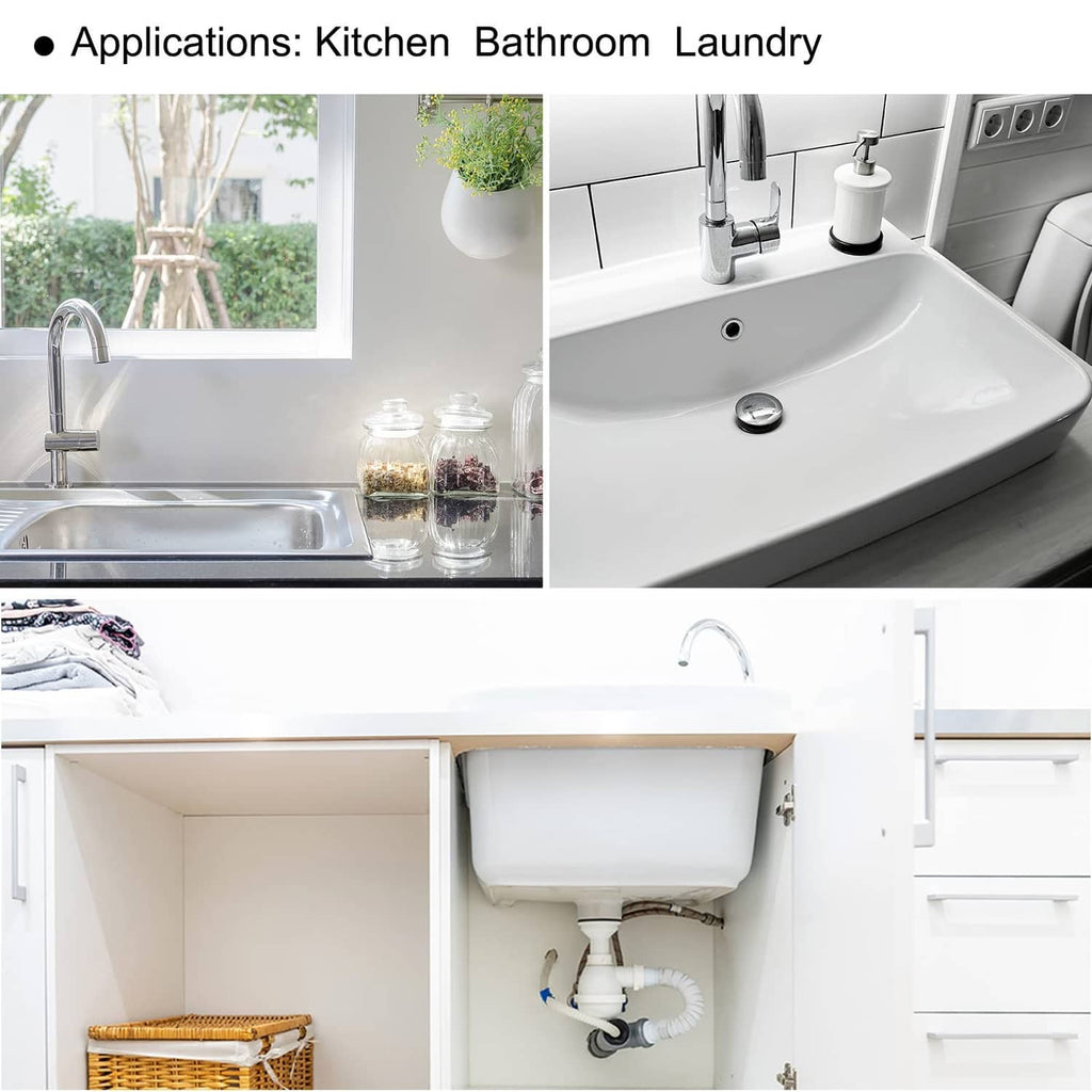 White flexible drain pipe installed under sink plumbing and bathtub