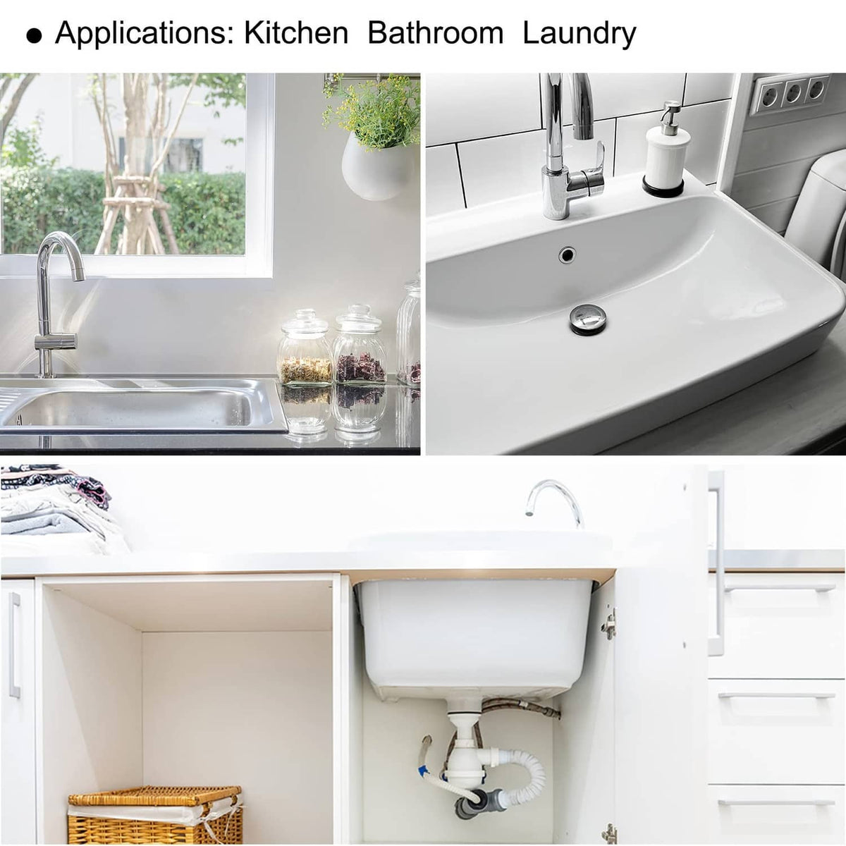 White flexible drain pipe installed under sink plumbing and bathtub