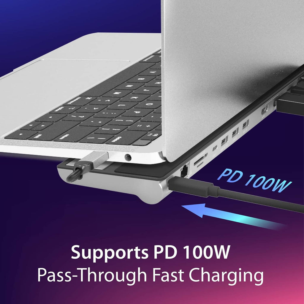 USB-C docking station close-up with USB-C power delivery passthrough and side ports