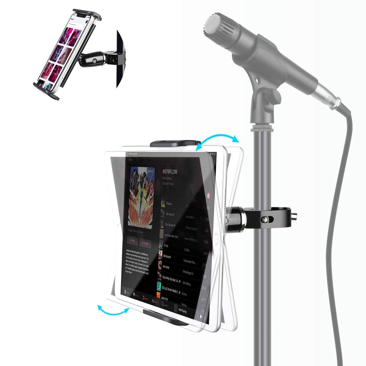 Elitehood metal iPad holder on mic stand with black clamp holding a tablet