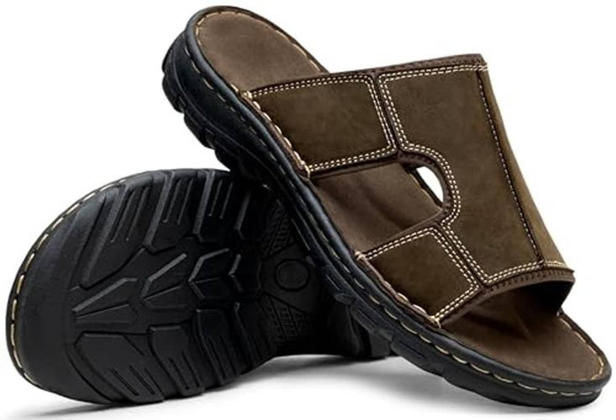 Men's dark brown leather slide sandals with open toe and visible treaded outsole for grip