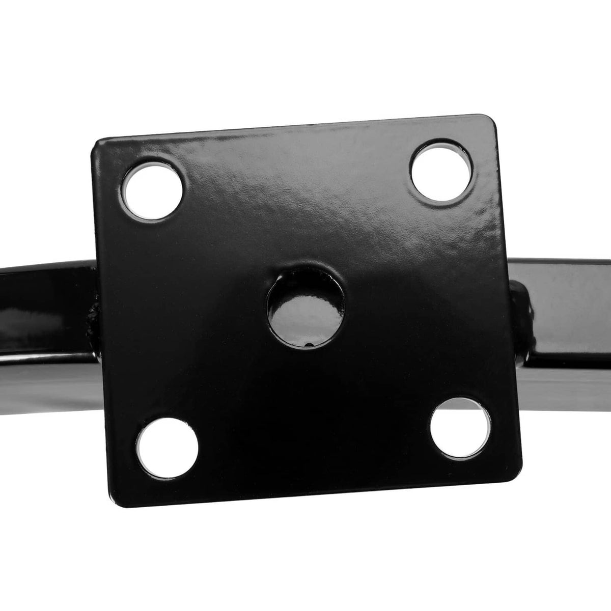 Close-up mounting plate with four bolt holes on the black lift kit bracket