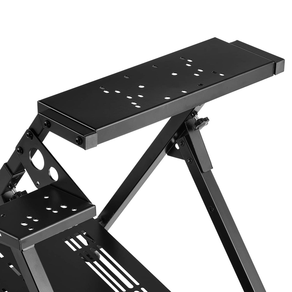Foldable racing steering wheel stand, black perforated metal frame with angled supports