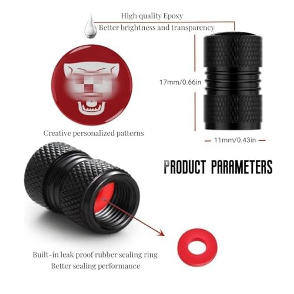 Black threaded valve stem cap with red round emblem, shown with red sealing ring