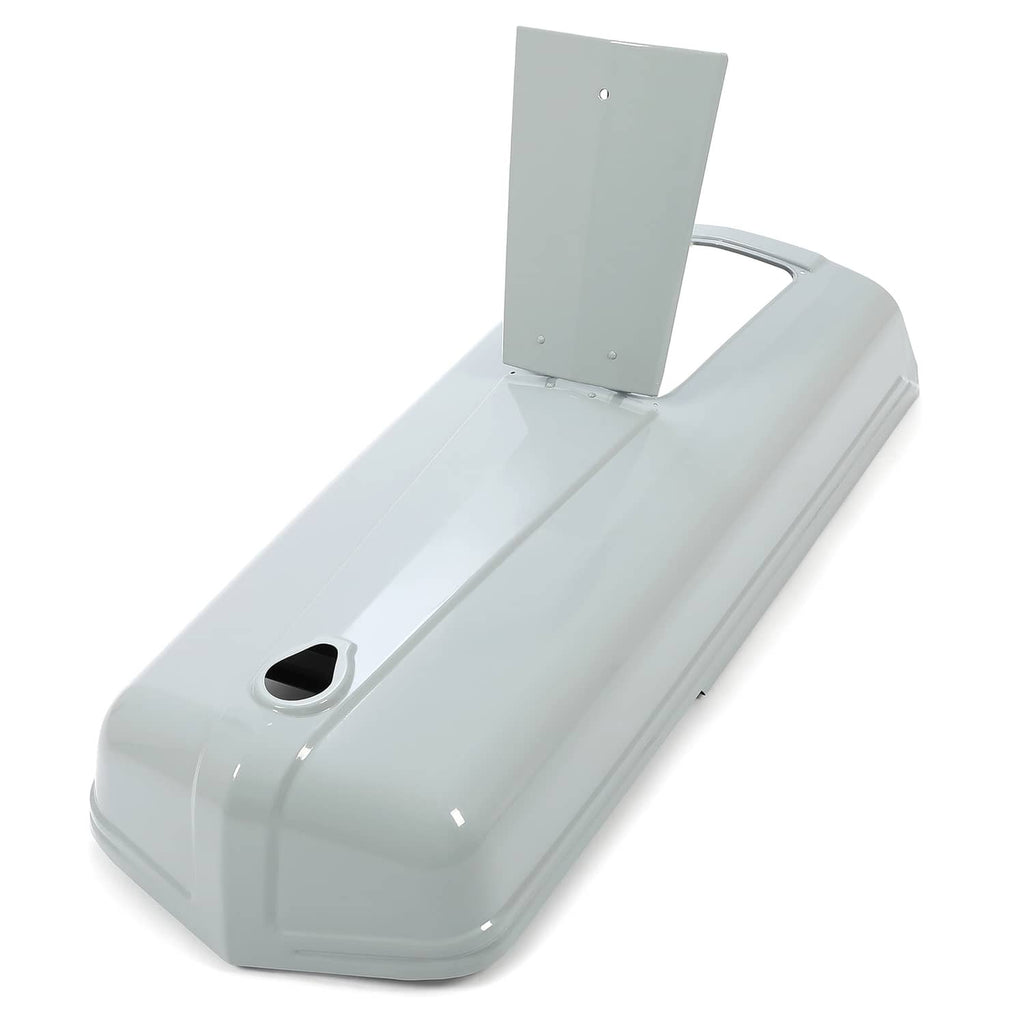 Gray tractor engine hood with battery door raised and black oval opening