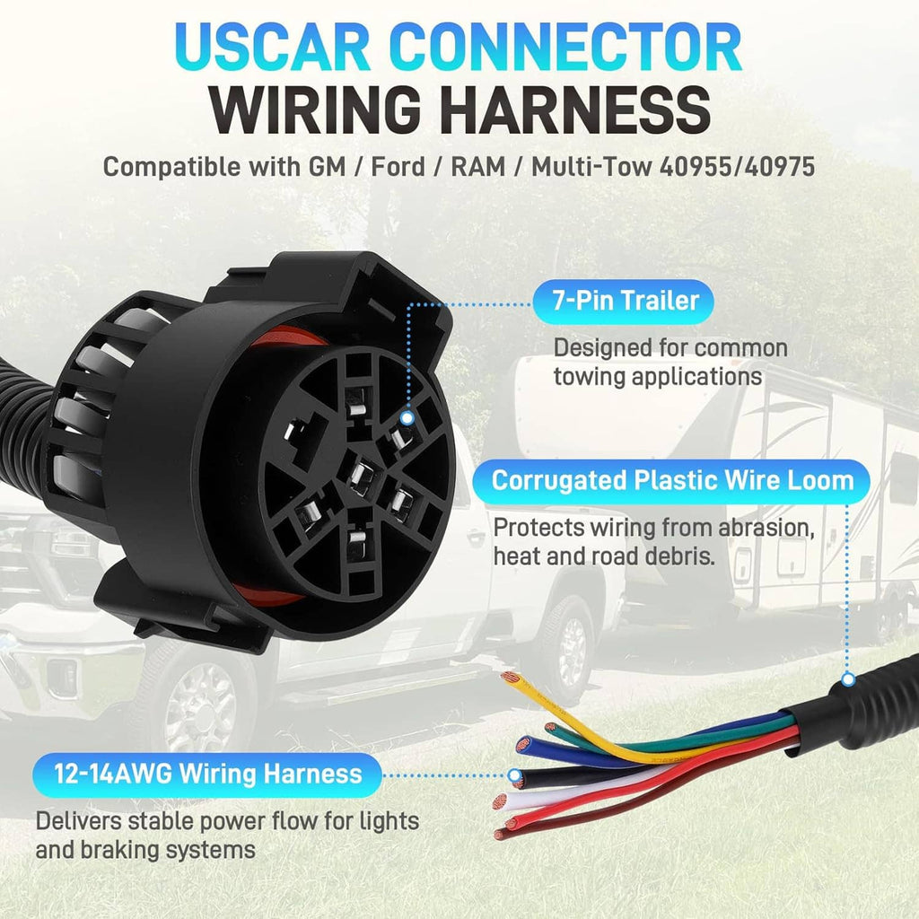 Black 7-pin trailer wiring harness with corrugated wire loom and multi-wire lead