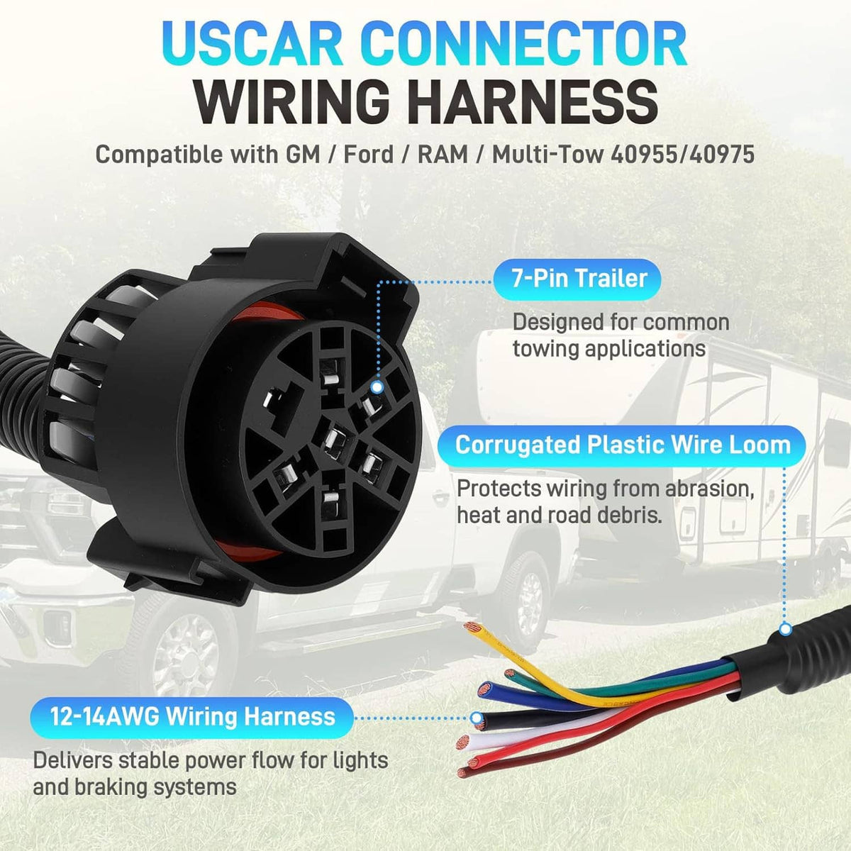 Black 7-pin trailer wiring harness with corrugated wire loom and multi-wire lead