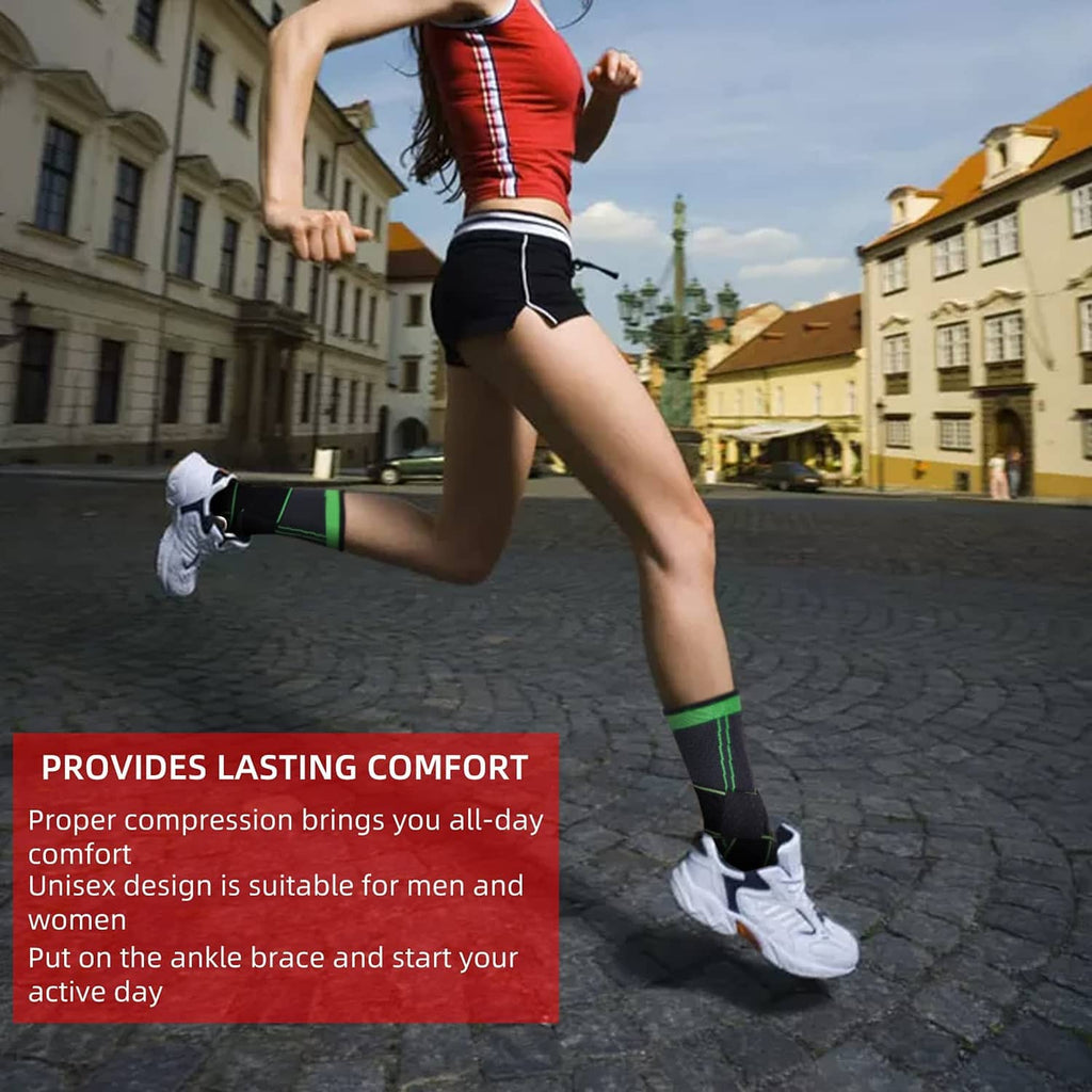 Black ankle compression brace with neon green straps, worn with white sneakers