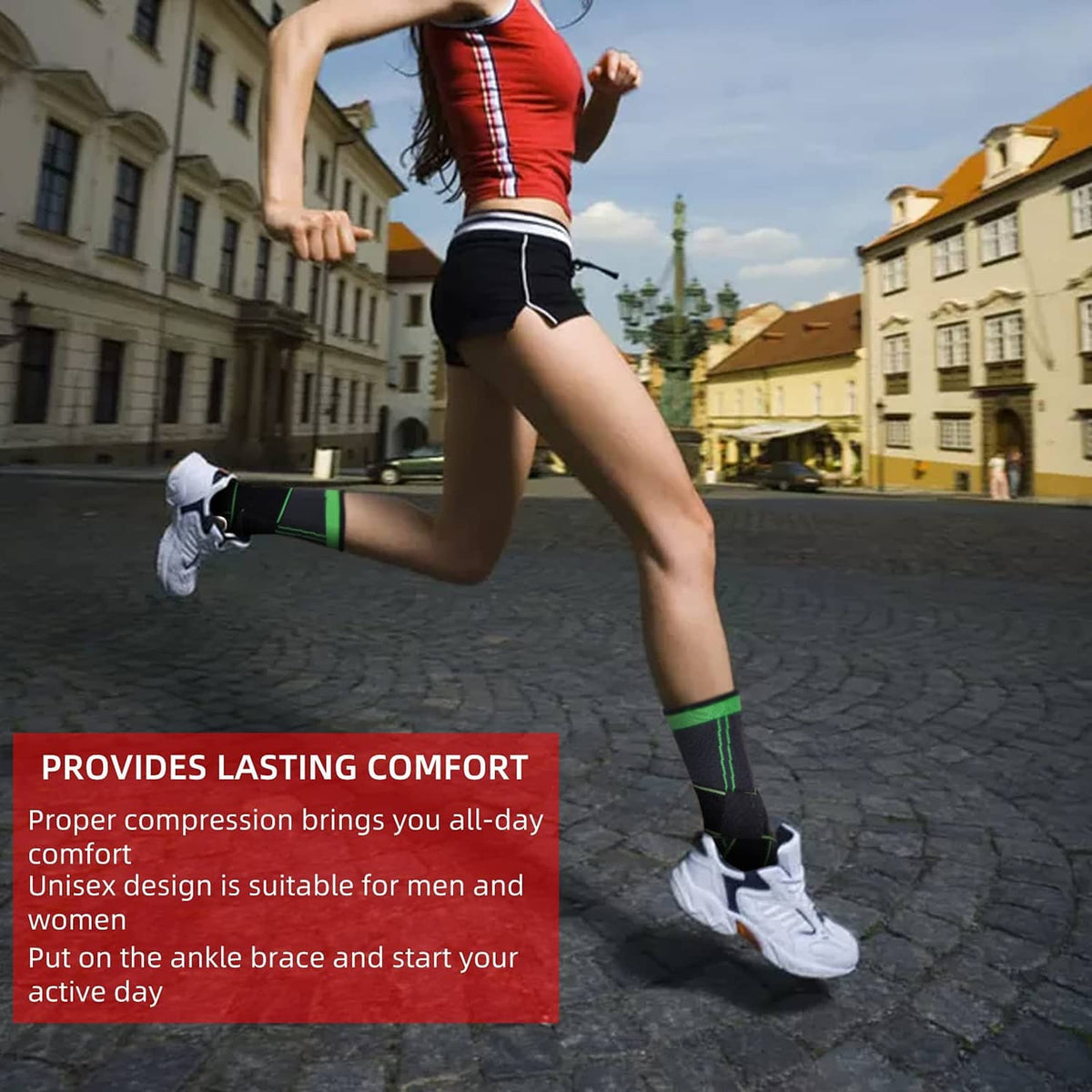 Black ankle compression brace with neon green straps, worn with white sneakers
