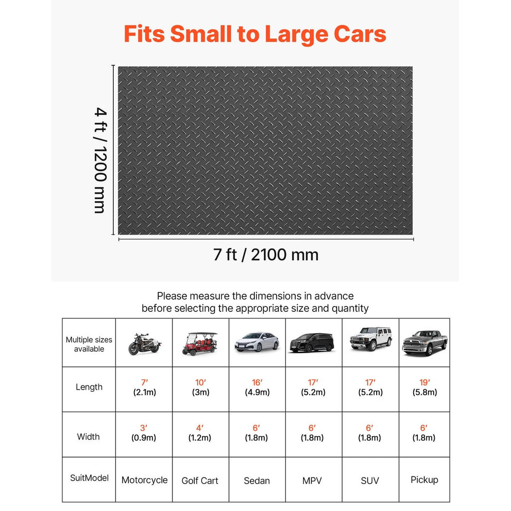 Black PVC diamond garage floor mat, 7 ft x 4 ft with size markers.