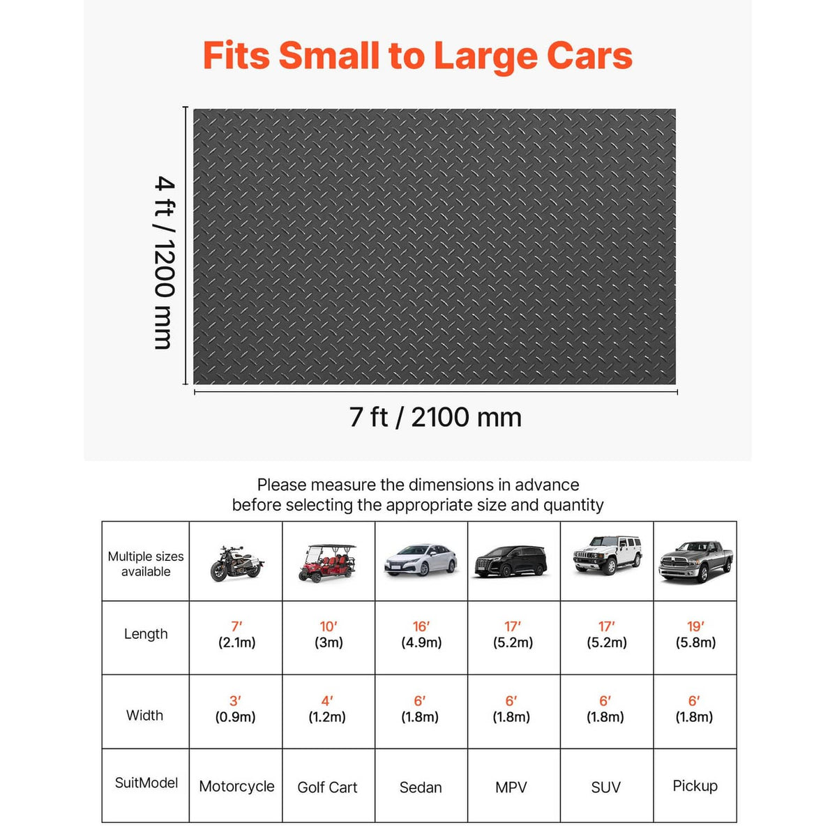 Black PVC diamond garage floor mat, 7 ft x 4 ft with size markers.