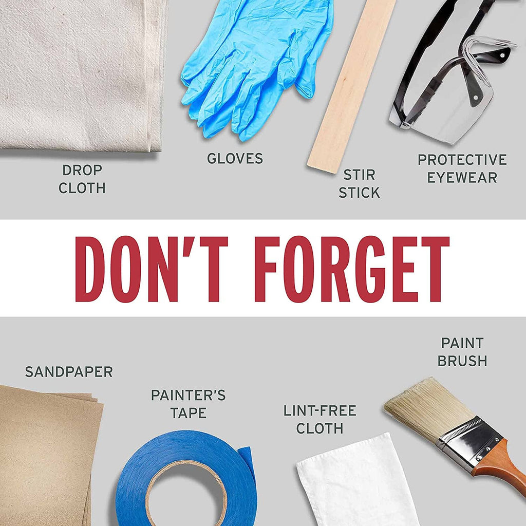 Paint prep items: drop cloth, gloves, stir stick, protective eyewear, sanding tools