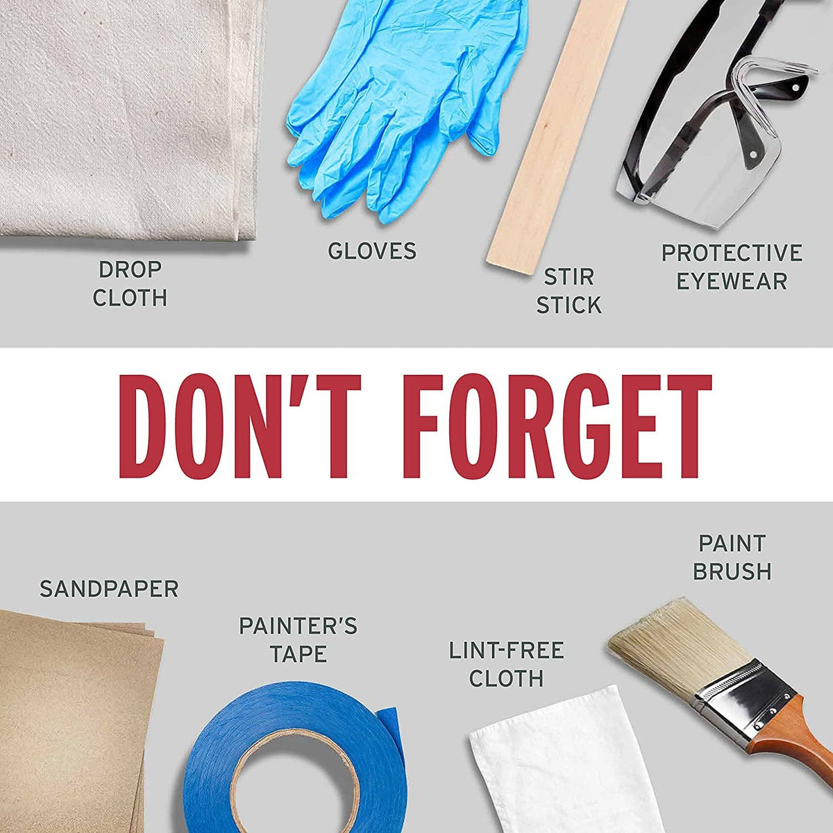 Paint prep items: drop cloth, gloves, stir stick, protective eyewear, sanding tools