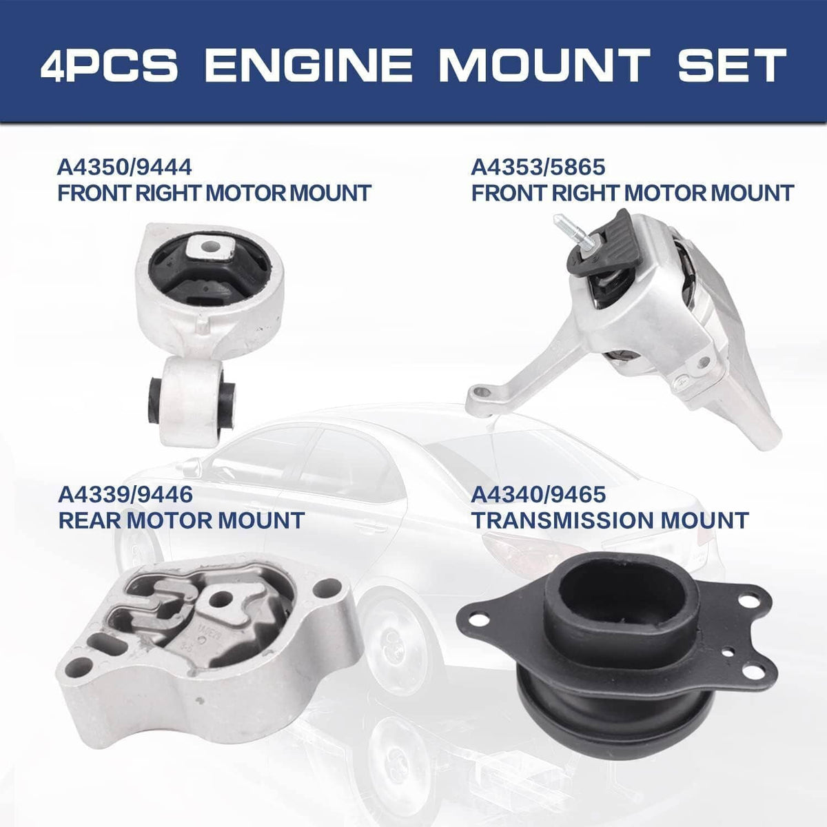 Set of engine motor mounts: black rubber isolators with silver brackets