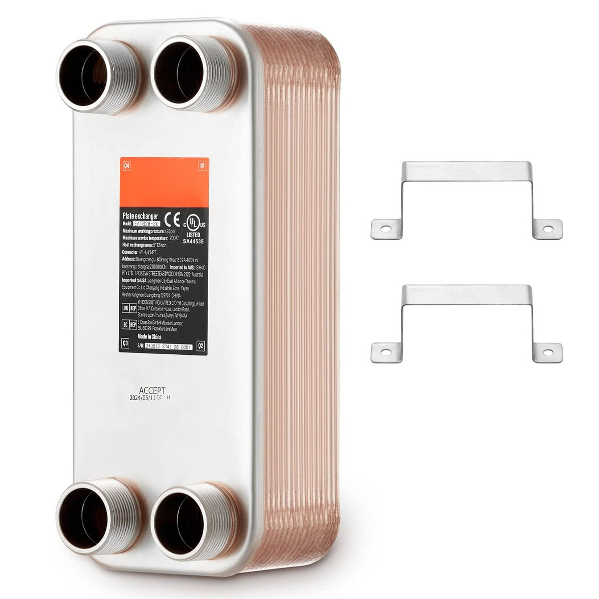 Copper-brazed plate heat exchanger with four MNPT ports and stainless end plates.