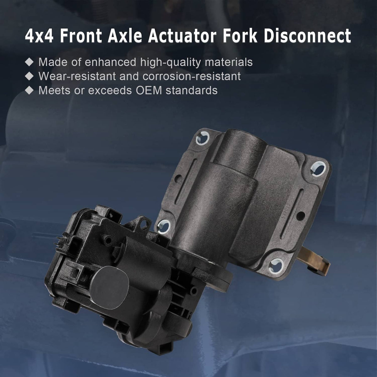 4WD front axle actuator fork disconnect with black actuator body and mounting plate