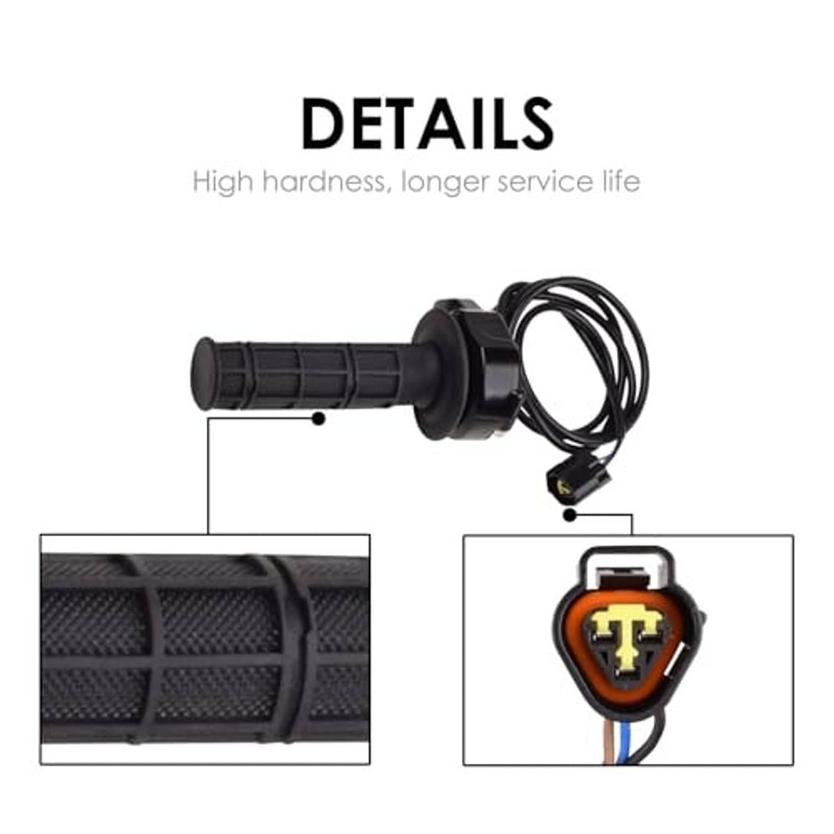 Black textured rubber grips with throttle housing and wiring harness detail