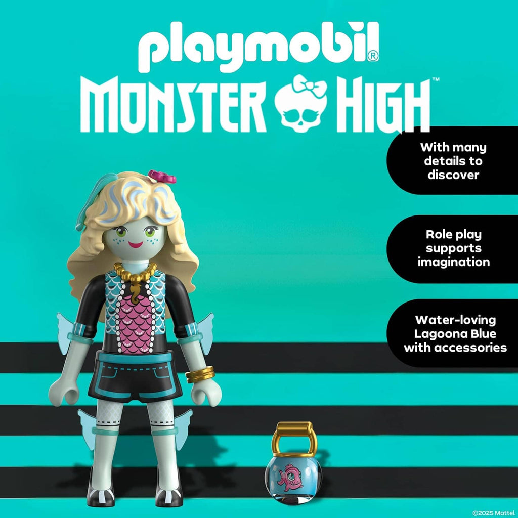 Playmobil Monster High Lagoona Blue figure with teal-themed accessories and water bag