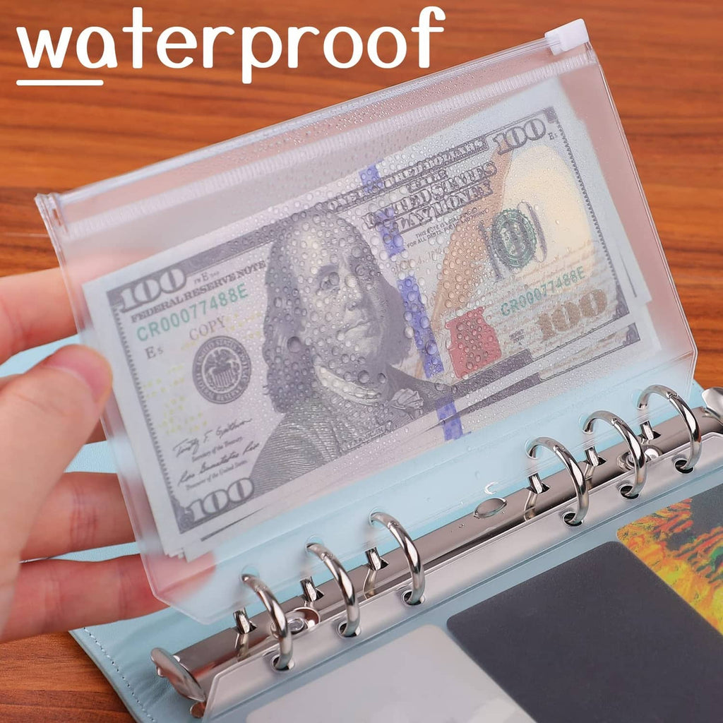 Transparent cash envelope sleeve for binder, with 6-ring holes and sealed top