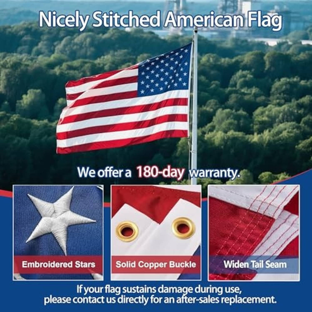 American nylon outdoor flag, stars in blue field and red-and-white stripes, on a pole