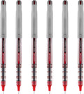 Set of 6 red-ink needle-tip rollerball pens with red caps and gray bodies.