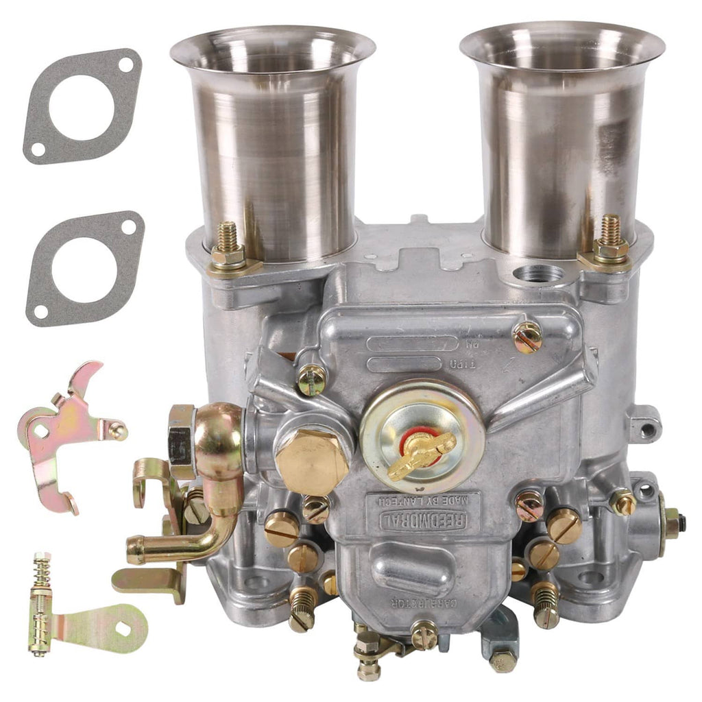 High-performance twin-choke carburetor with two air horns and metal body, front view