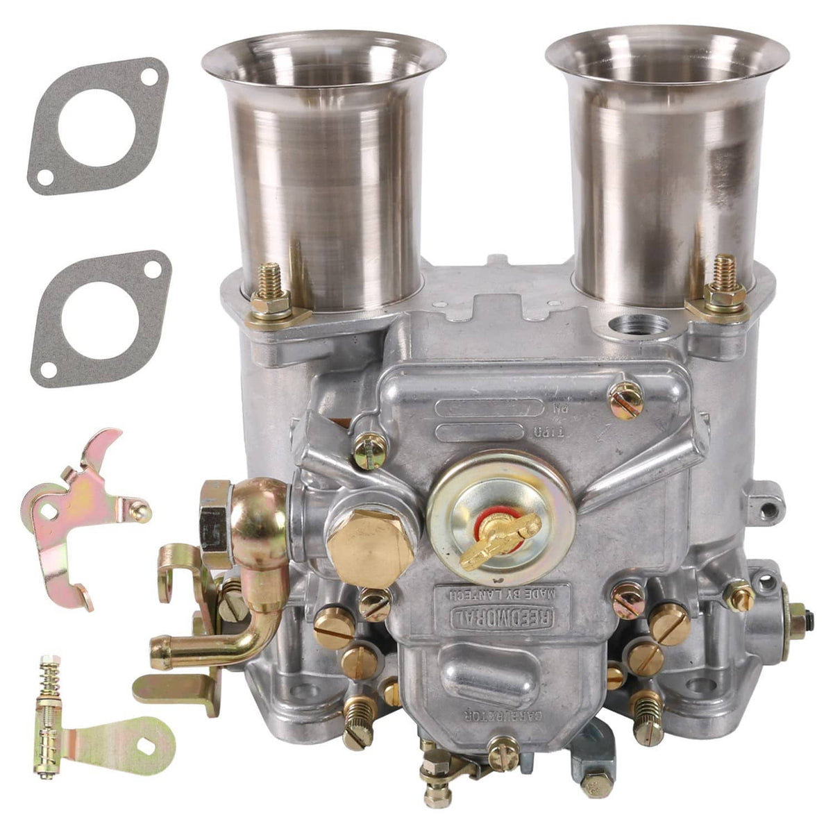 High-performance twin-choke carburetor with two air horns and metal body, front view