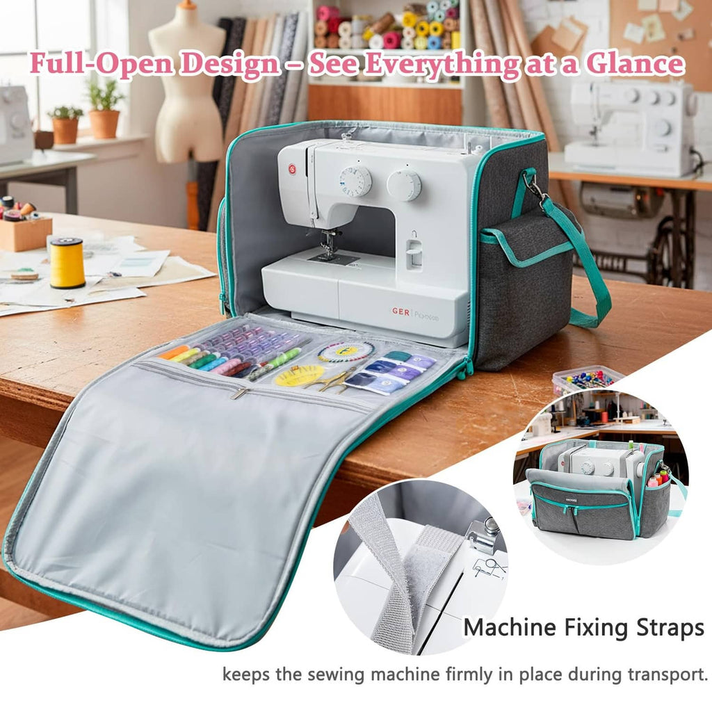 Gray and teal full-open sewing machine case with front panel folded down