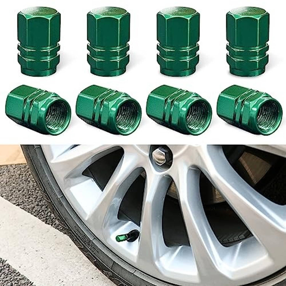 Green wheel valve stem caps (8 pack) with hexagonal tops, shown next to alloy wheel