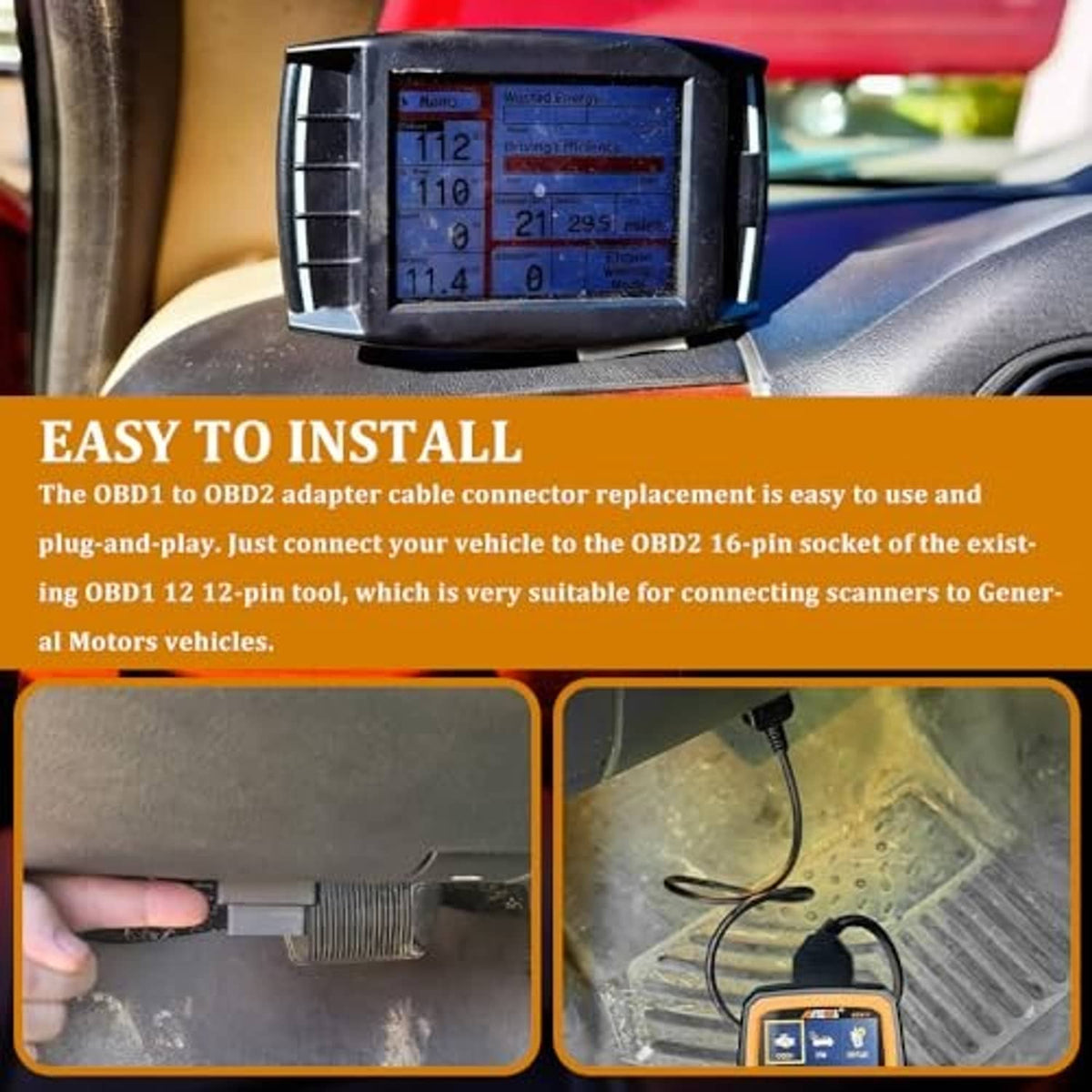 OBD adapter cable connected near OBD port with handheld diagnostic scanner display