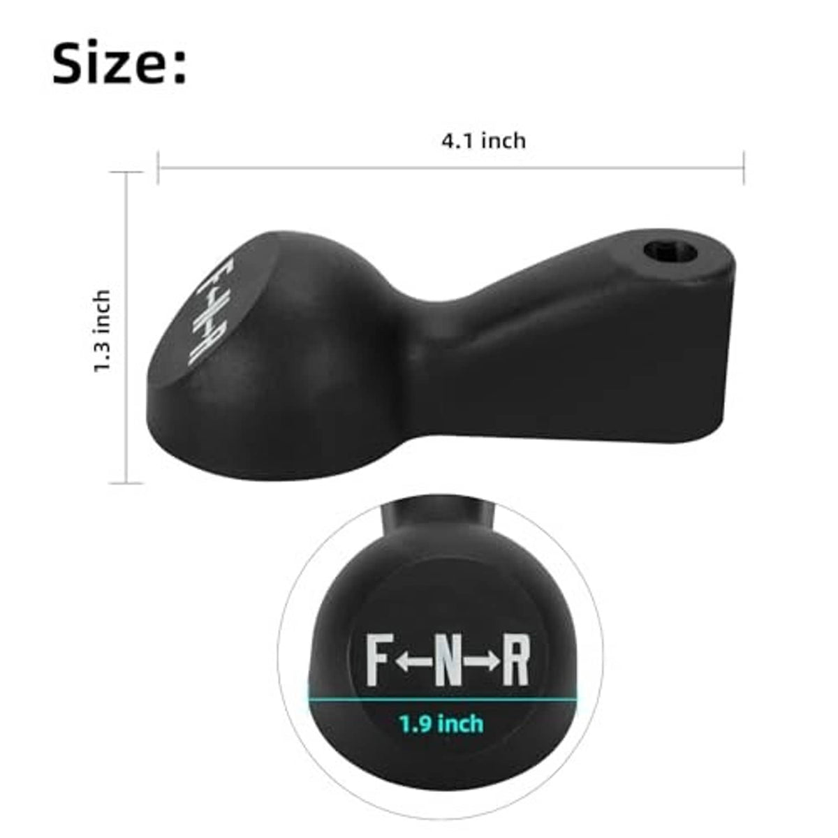 Black shifter handle with mounting hole, shown with size measurement graphic