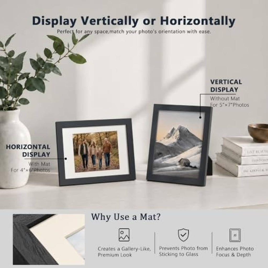 Black 5x7 picture frame with mat, displayed horizontally or vertically on a tabletop