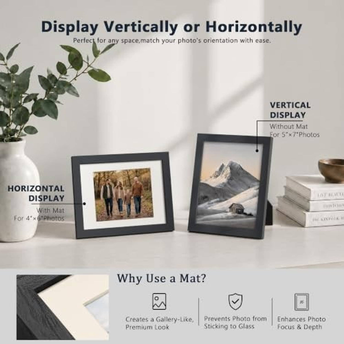 Black 5x7 picture frame with mat, displayed horizontally or vertically on a tabletop