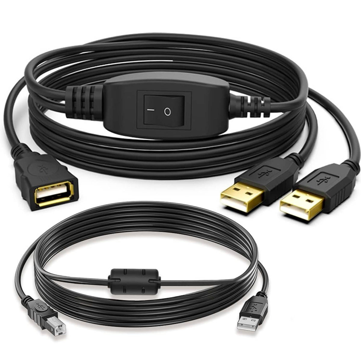 Dual-connector USB splitter cables with built-in switch and multiple USB plug ends