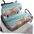 Universal seat cover with blue ocean starfish and seashell pattern, fitted over bench